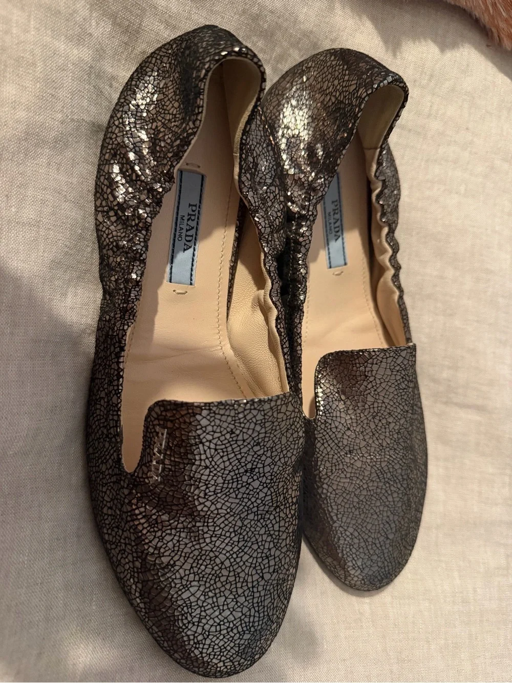Prada Metallic Crackle Ballentina Flats
